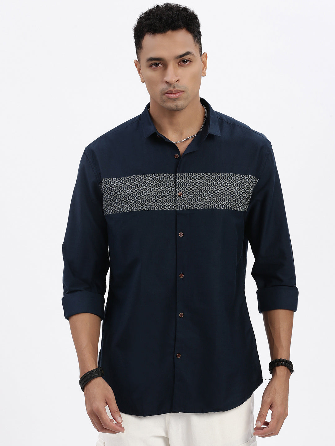 Men Navy Blue Geometric Slim Fit Shirt