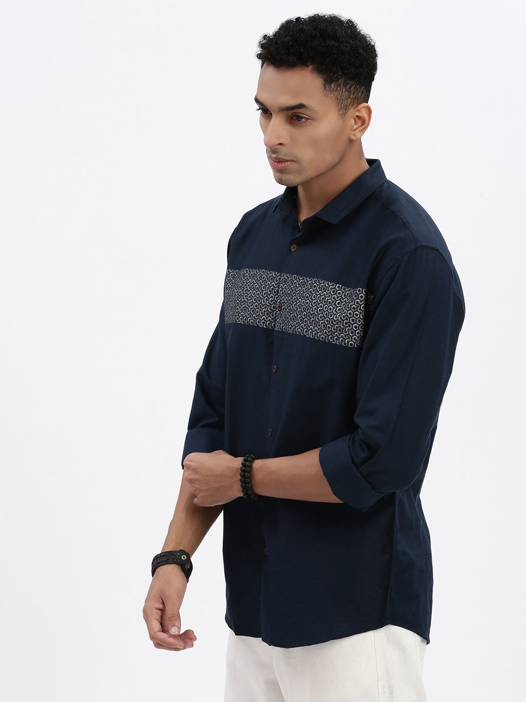 Men Navy Blue Geometric Slim Fit Shirt