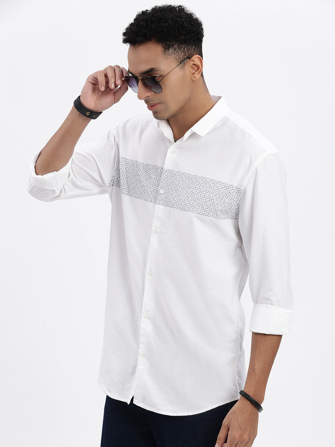 Men White Geometric Slim Fit Shirt