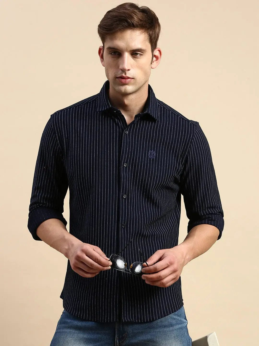 Men's Spread Collar Striped Navy Blue Shirt