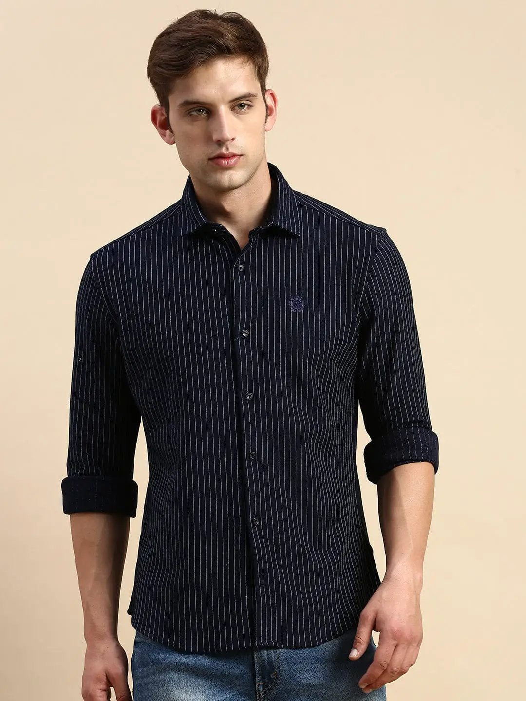 Men's Spread Collar Striped Navy Blue Shirt