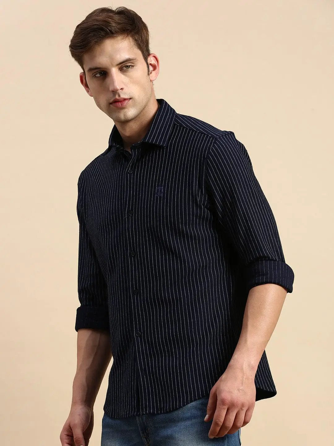 Men's Spread Collar Striped Navy Blue Shirt