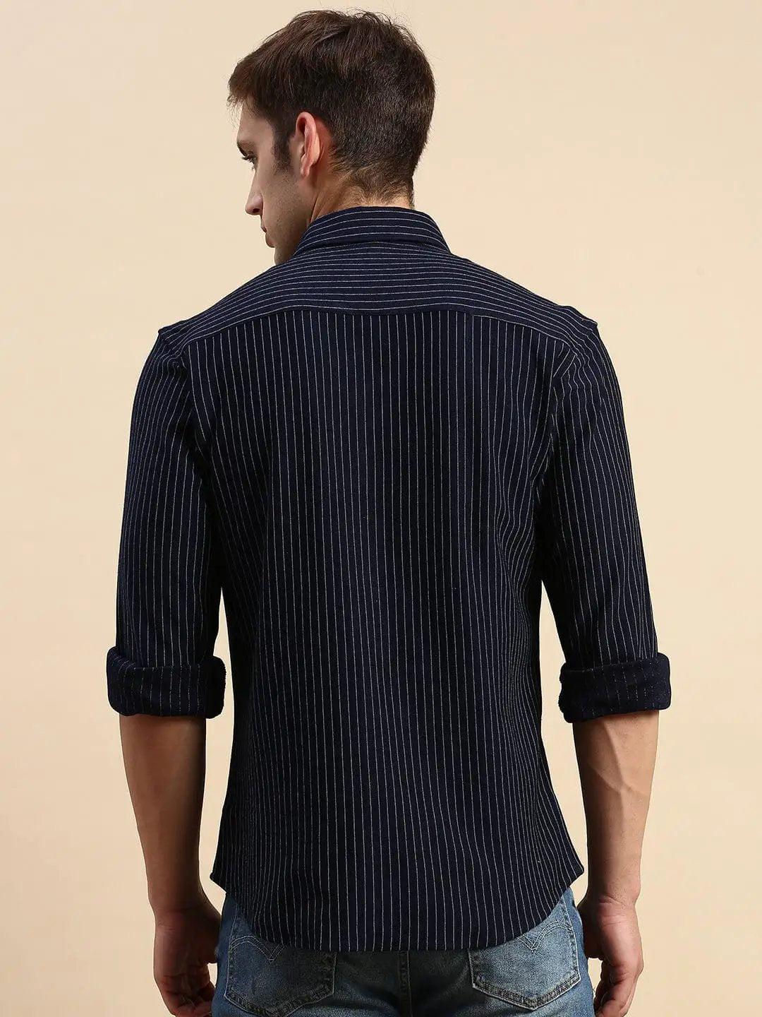 Men's Spread Collar Striped Navy Blue Shirt