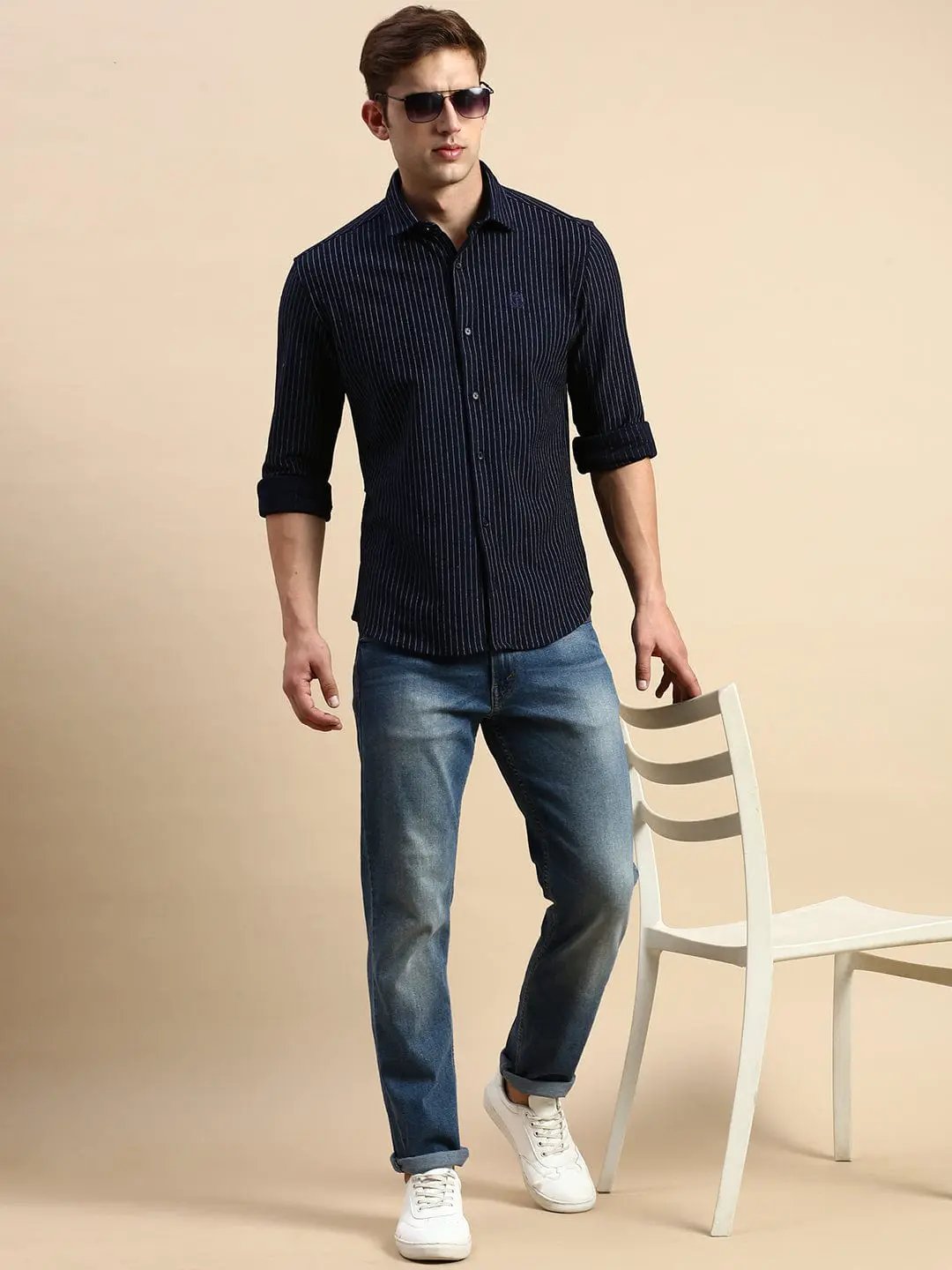 Men's Spread Collar Striped Navy Blue Shirt