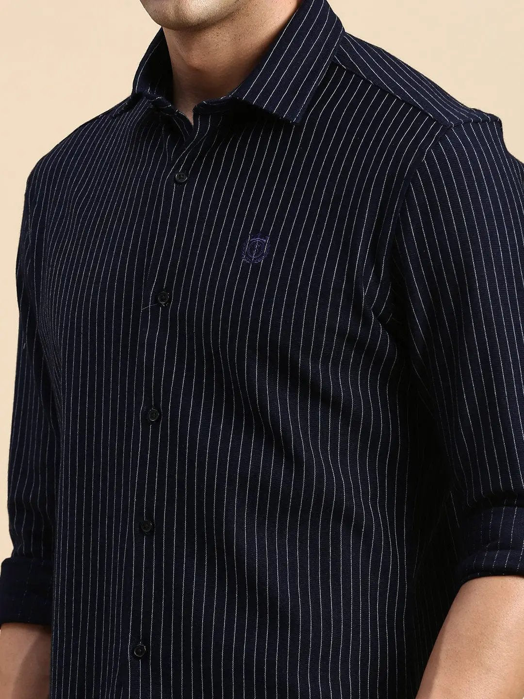 Men's Spread Collar Striped Navy Blue Shirt