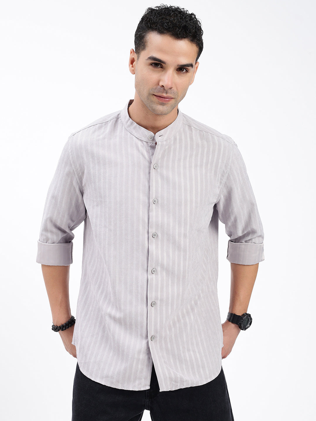 Men Striped Grey Slim Fit Shirt