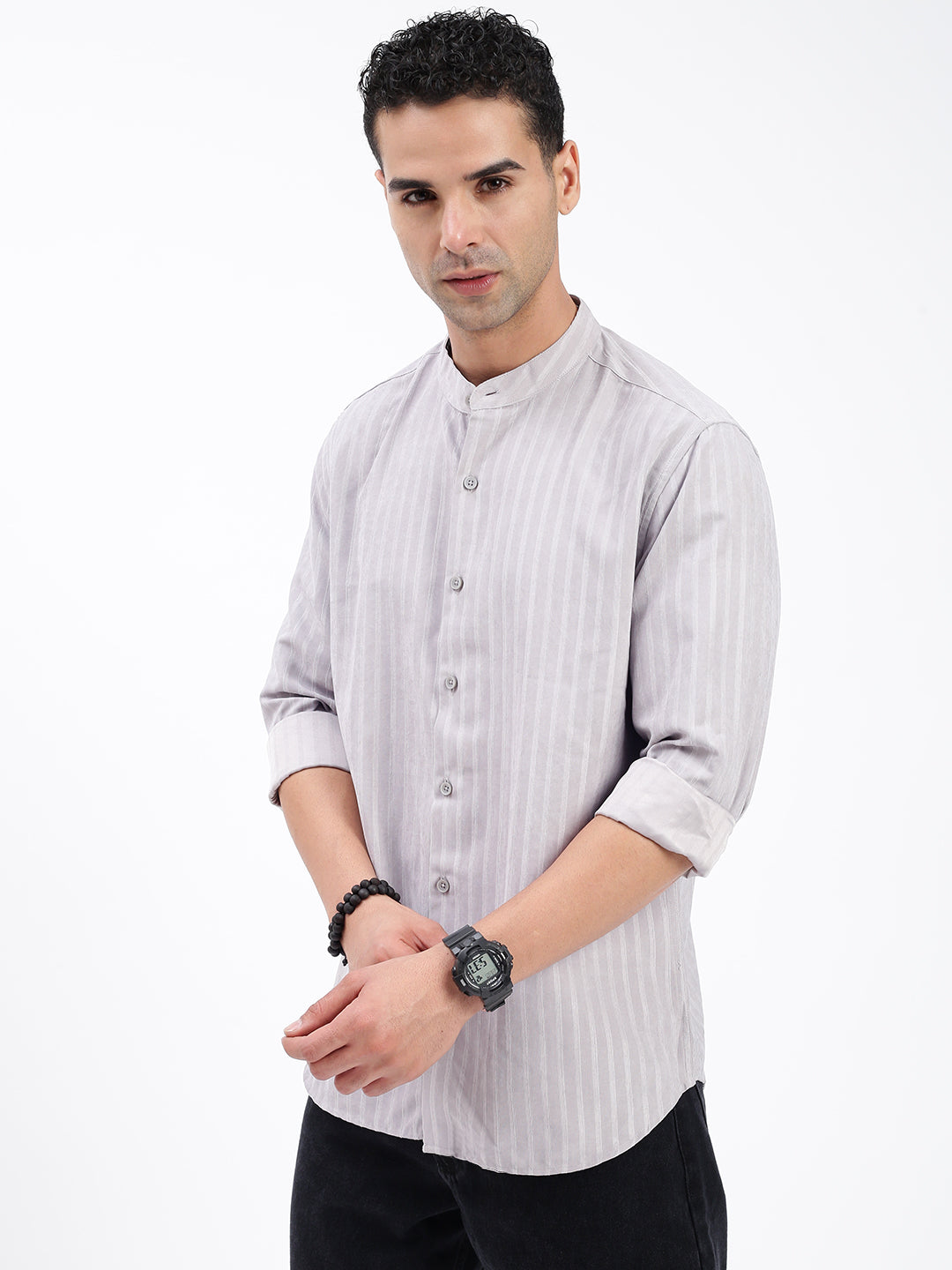 Men Striped Grey Slim Fit Shirt