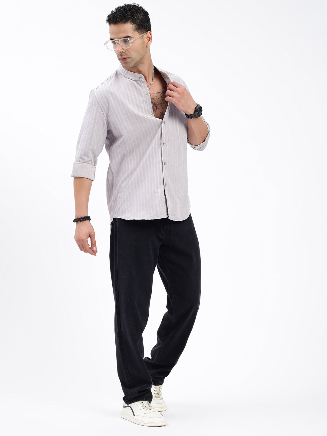 Men Striped Grey Slim Fit Shirt