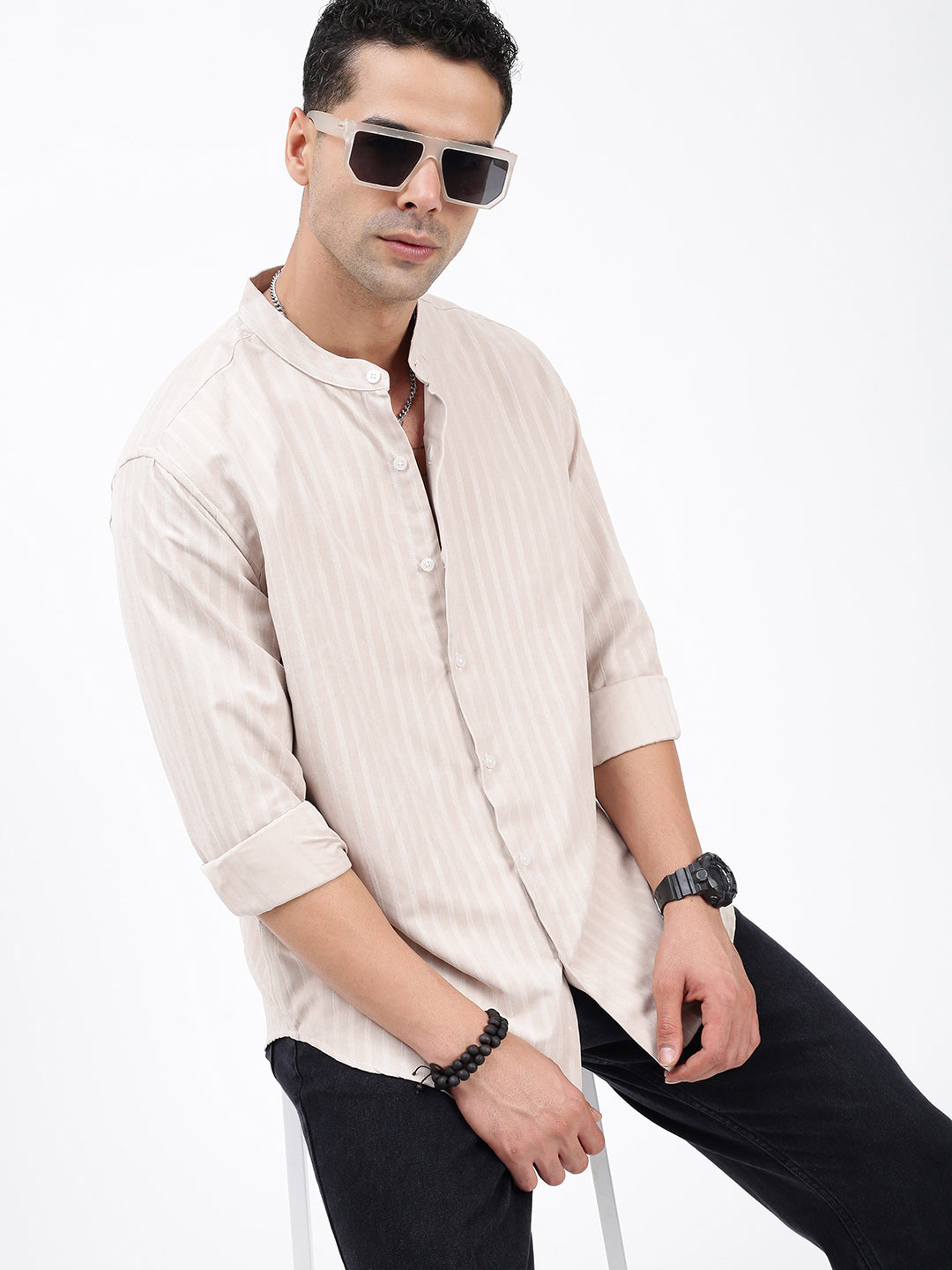 Men Striped Cream Slim Fit Shirt