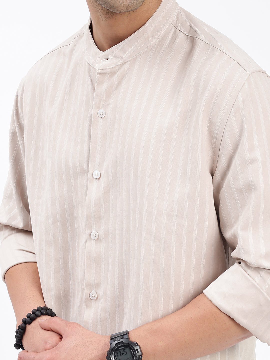 Men Striped Cream Slim Fit Shirt