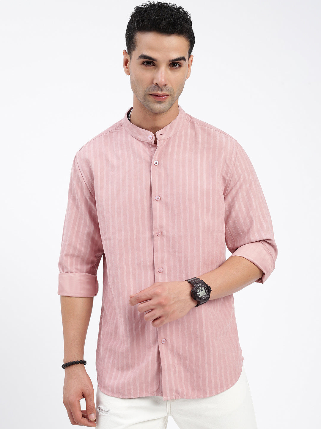 Men Striped Peach Slim Fit Shirt