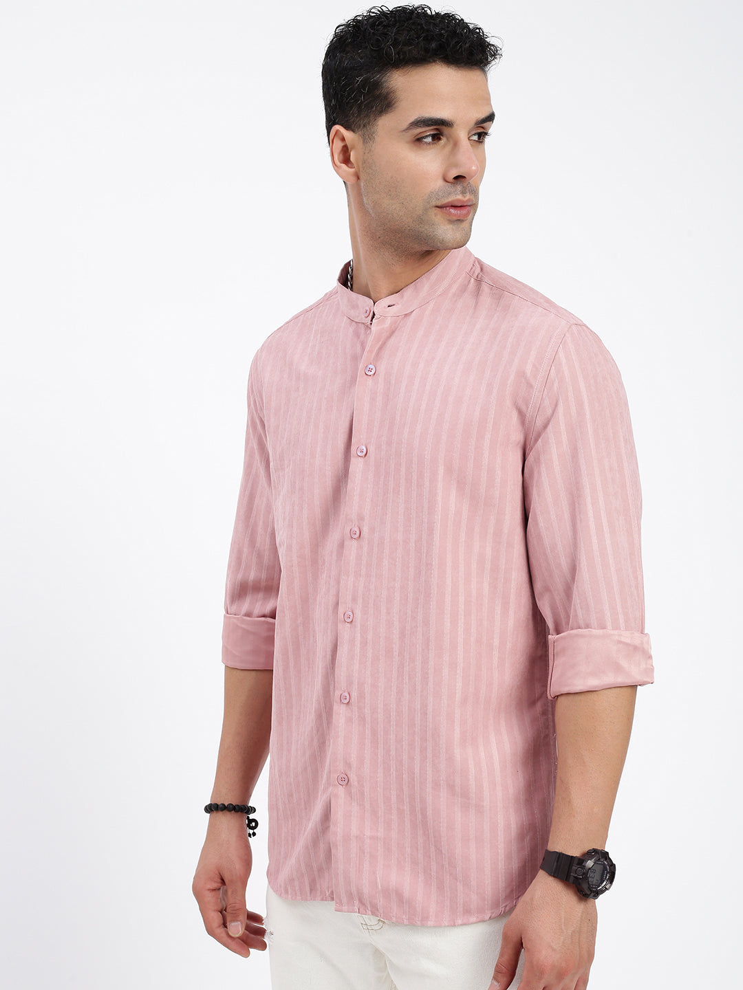 Men Striped Peach Slim Fit Shirt