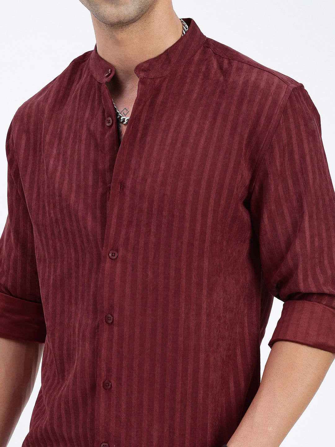 Men Striped Maroon Slim Fit Shirt