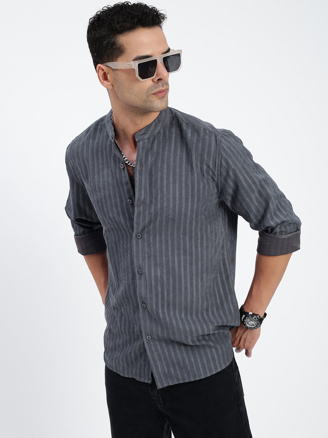 Men Striped Grey Slim Fit Shirt