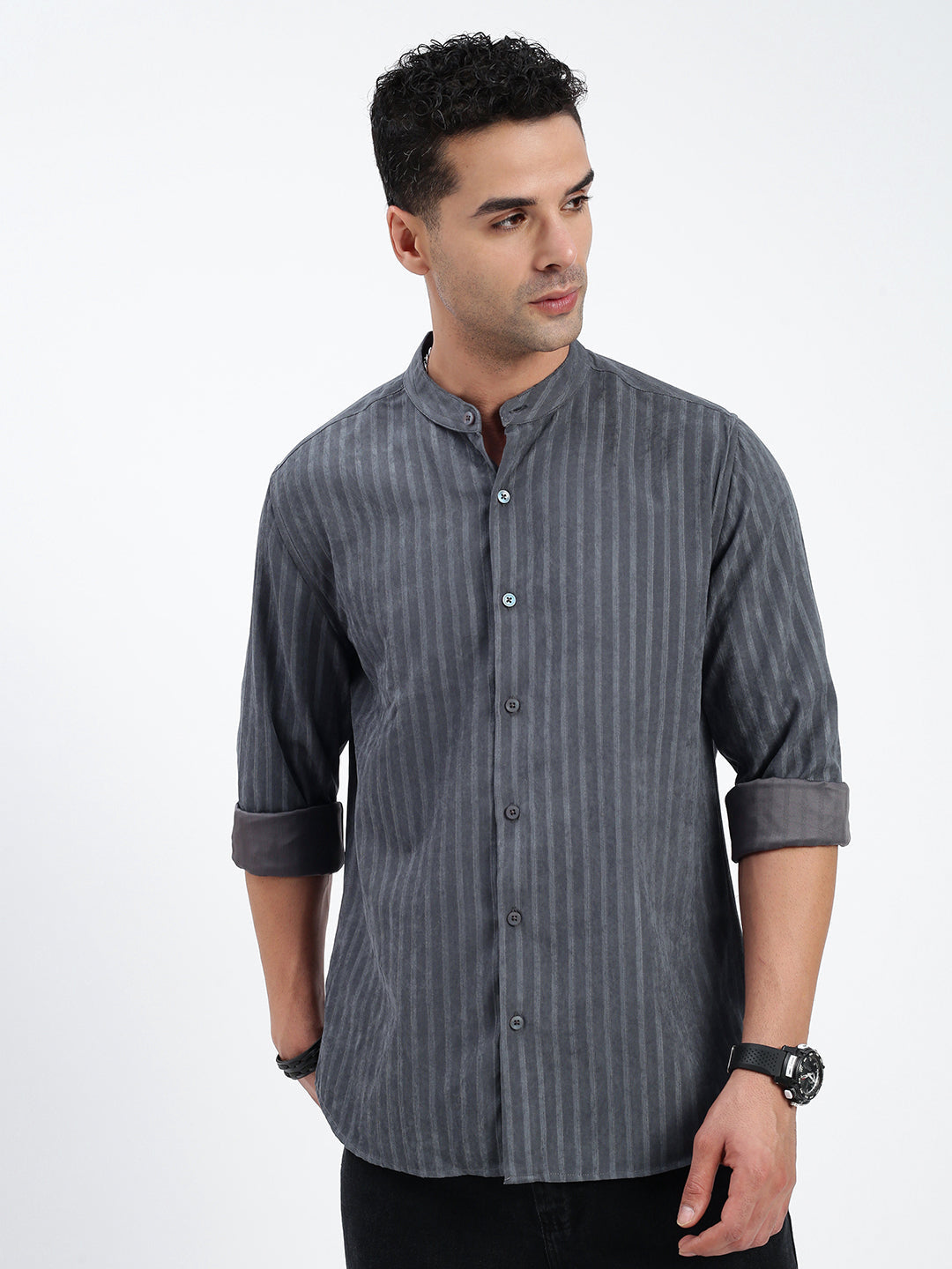 Men Striped Grey Slim Fit Shirt