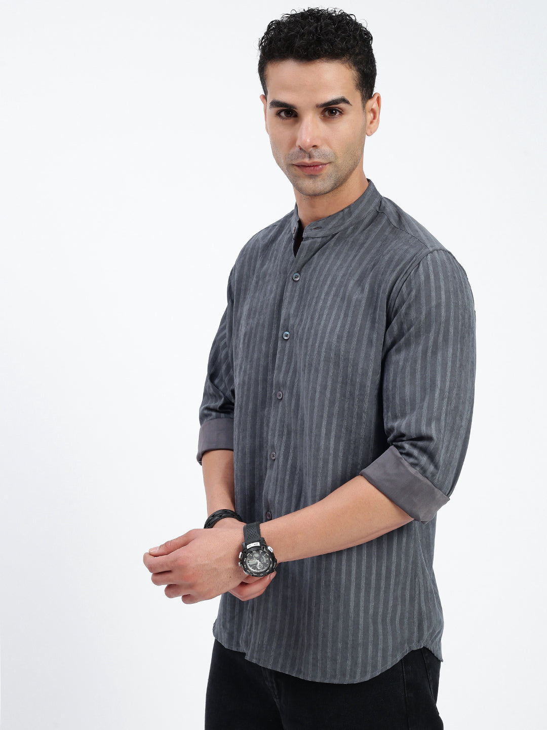 Men Striped Grey Slim Fit Shirt