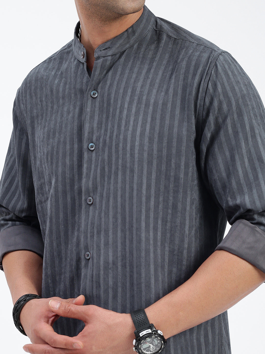 Men Striped Grey Slim Fit Shirt