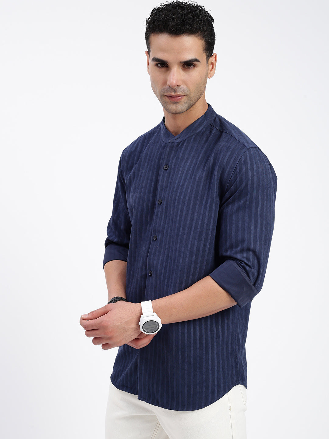 Men Striped Navy Blue Slim Fit Shirt