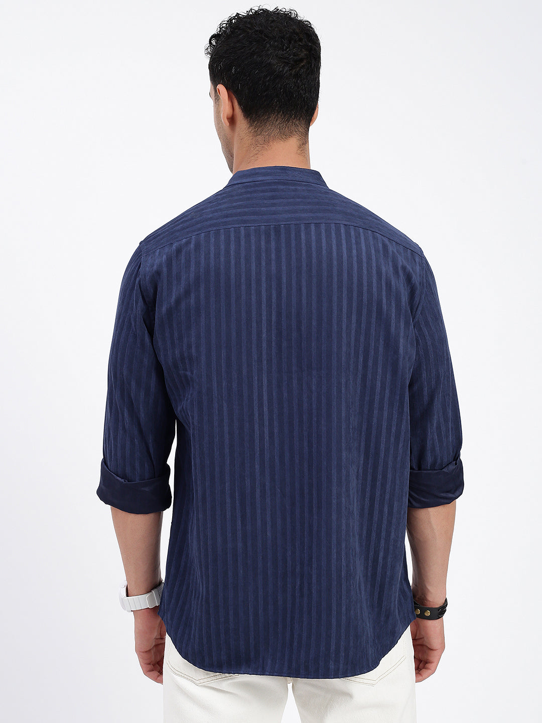 Men Striped Navy Blue Slim Fit Shirt