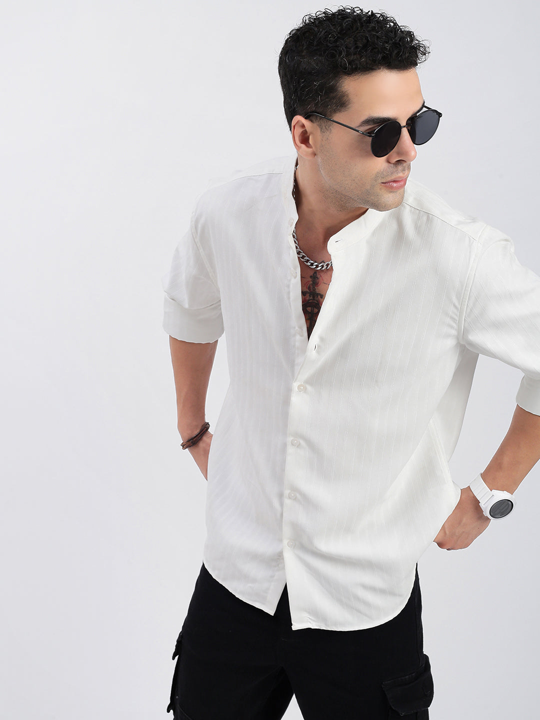 Men Striped White Slim Fit Shirt