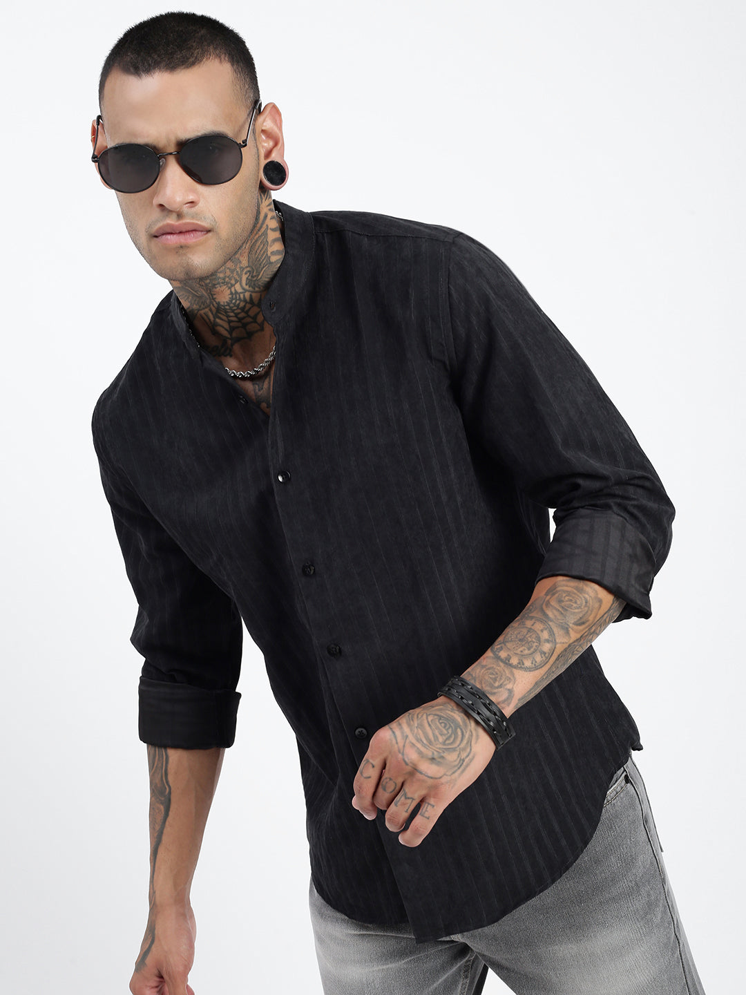 Men Striped Black Slim Fit Shirt