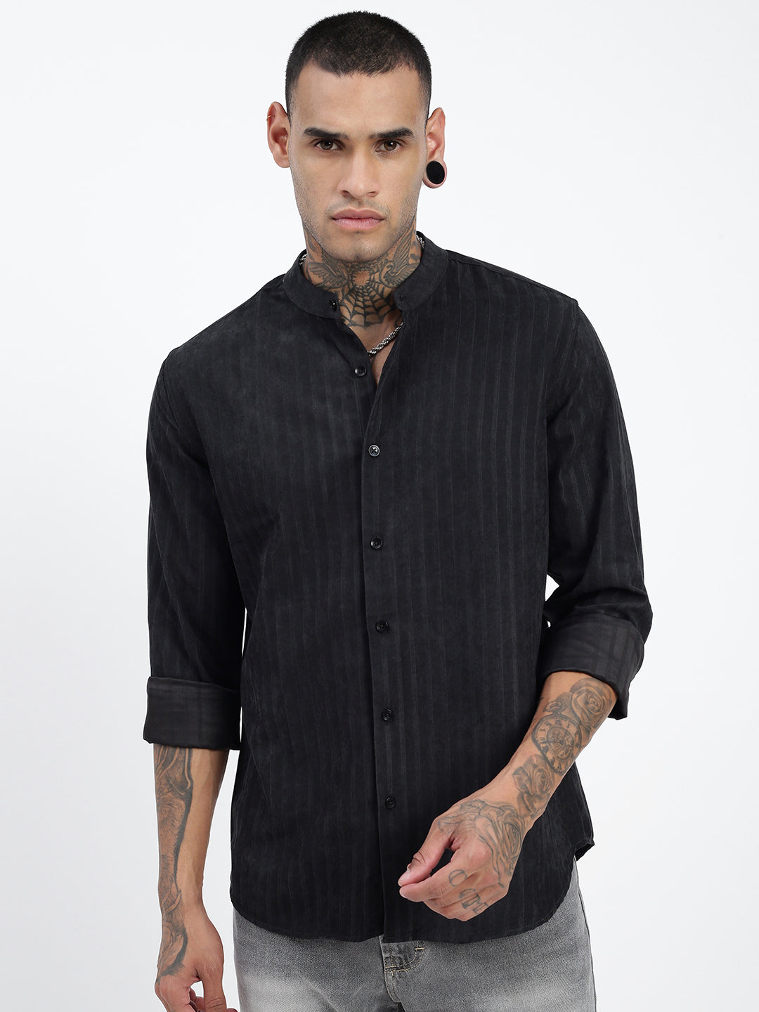 Men Striped Black Slim Fit Shirt