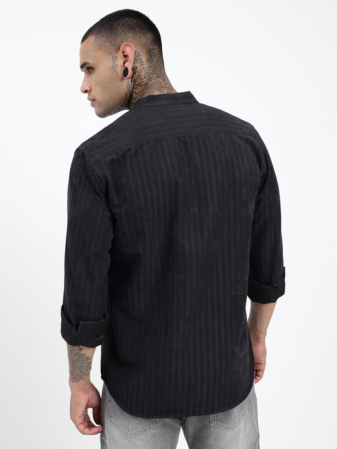 Men Striped Black Slim Fit Shirt