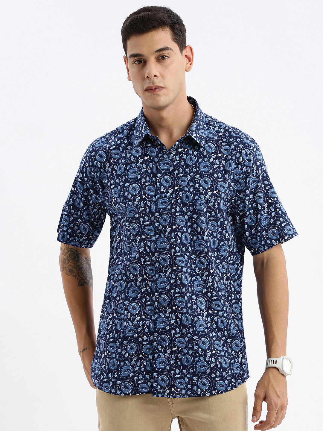 Men Spread Collar Floral Slim Fit Navy Blue Shirt