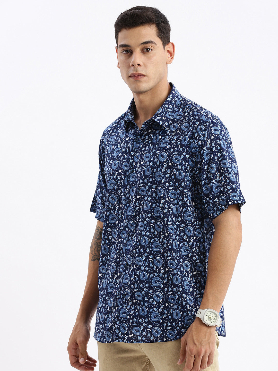 Men Spread Collar Floral Slim Fit Navy Blue Shirt