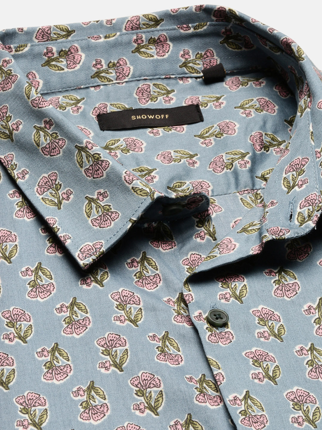 Men Spread Collar Floral Slim Fit Blue Shirt