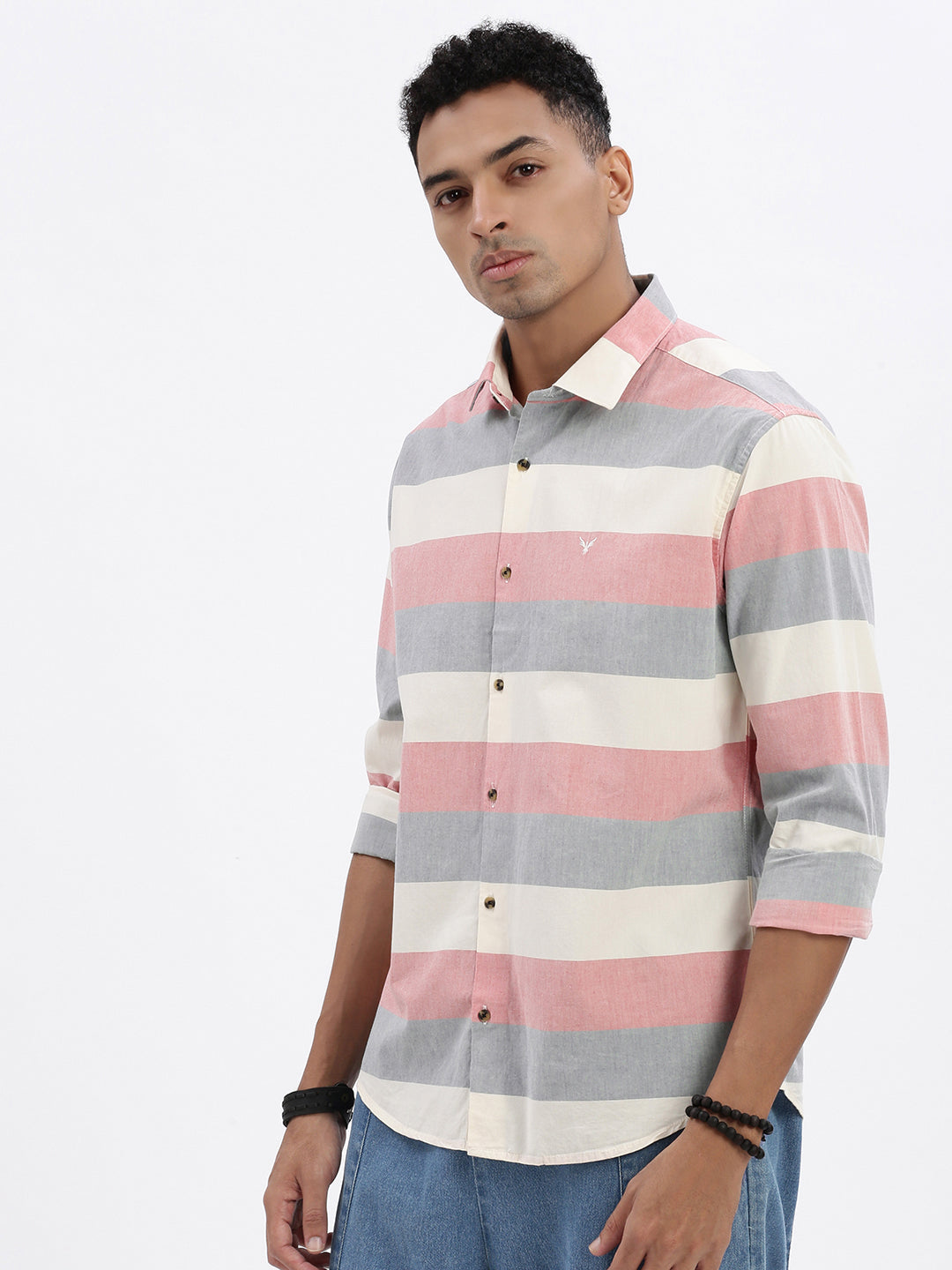 Men Peach Striped Slim Fit Shirt