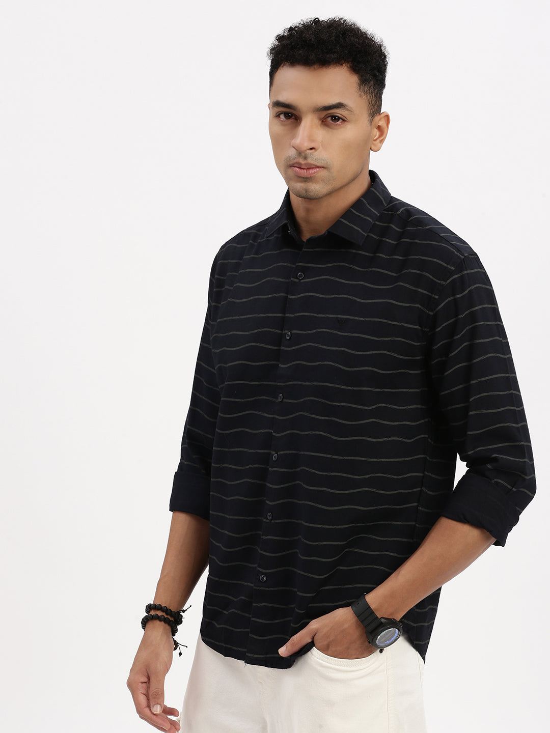 Men Navy Blue Striped Slim Fit Shirt