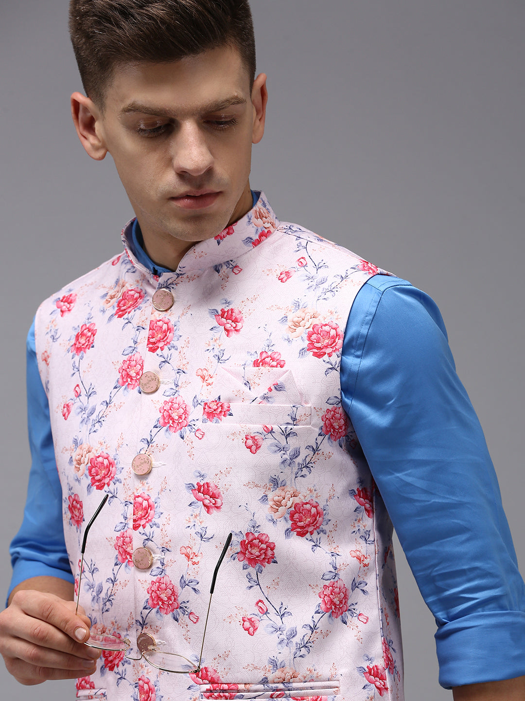 Men Mandarin Collar Printed Pink Nehru Jacket