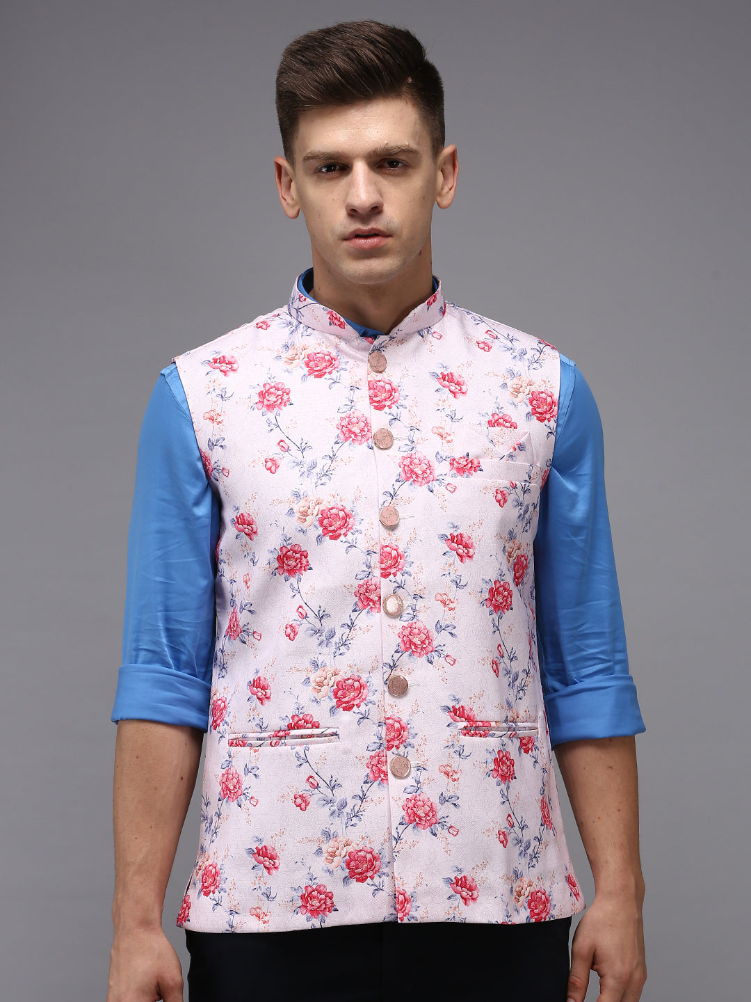 Men Mandarin Collar Printed Pink Nehru Jacket