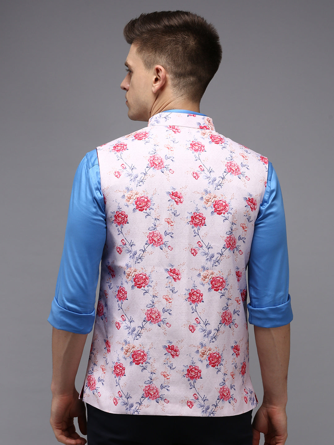 Men Mandarin Collar Printed Pink Nehru Jacket