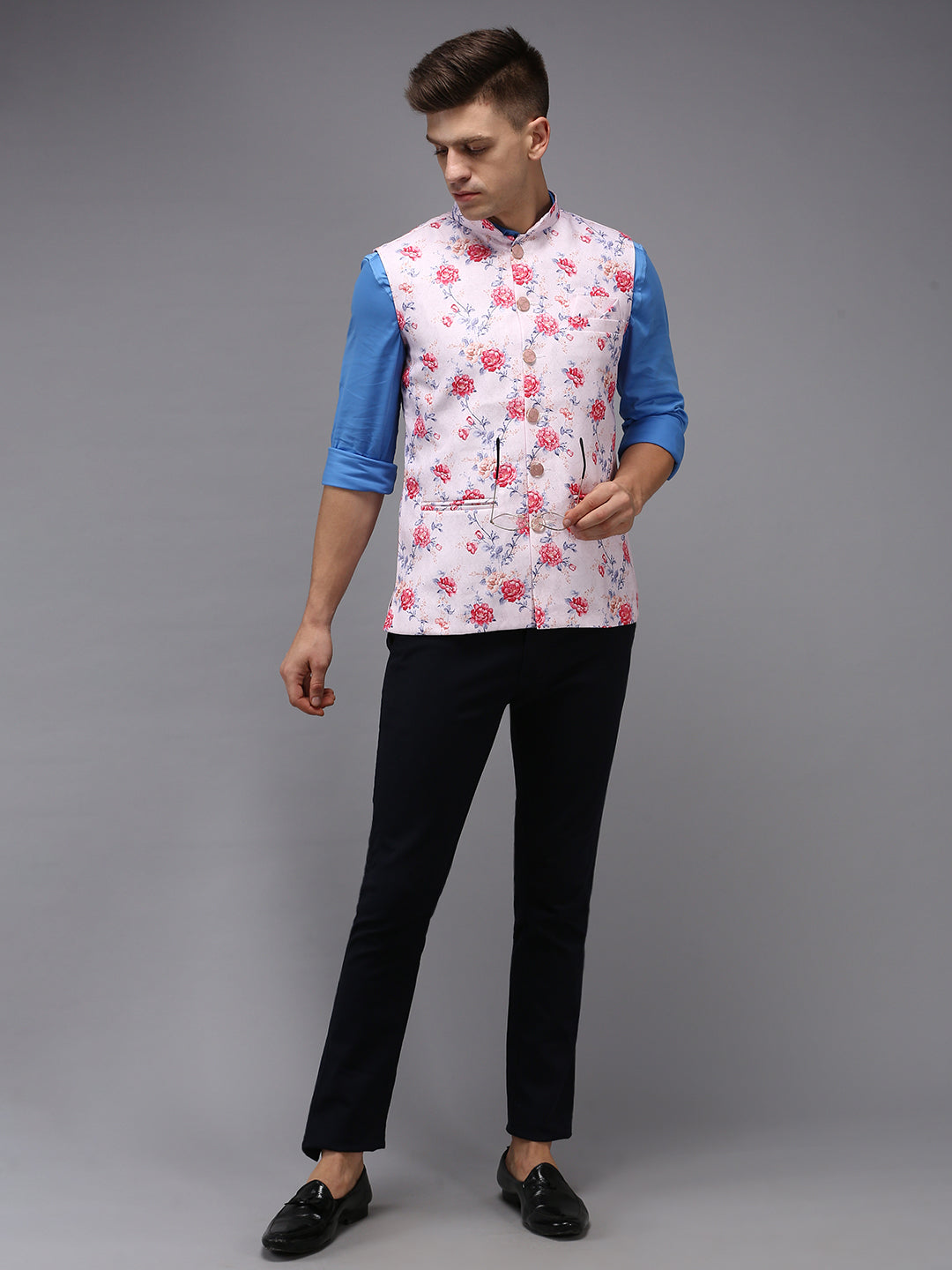 Men Mandarin Collar Printed Pink Nehru Jacket