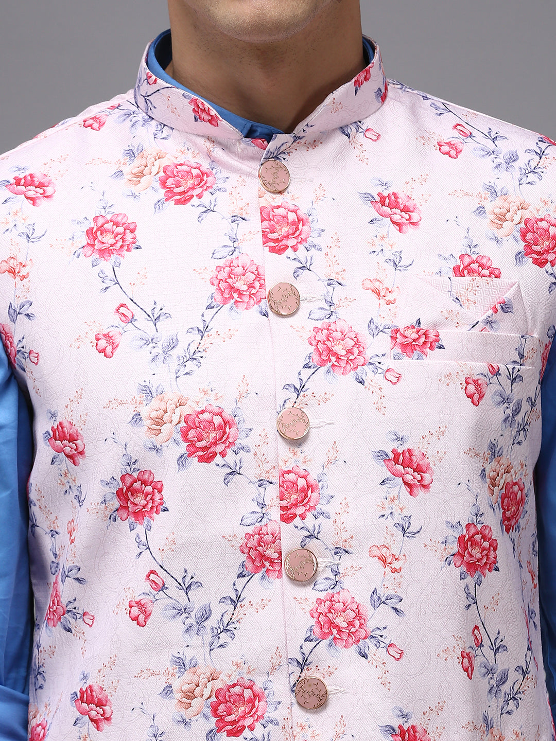 Men Mandarin Collar Printed Pink Nehru Jacket