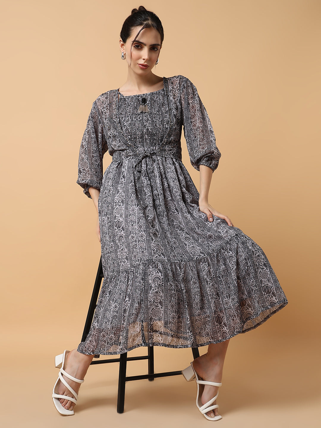 Women Grey Floral Fit and Flare Dress