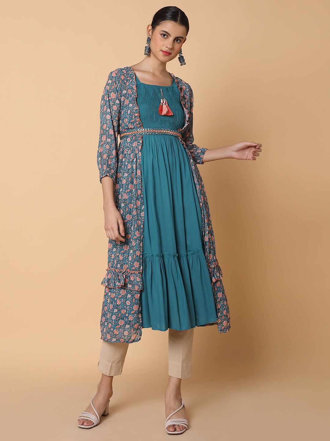 Women Straight Turquoise Blue Solid Kurta with Shrug