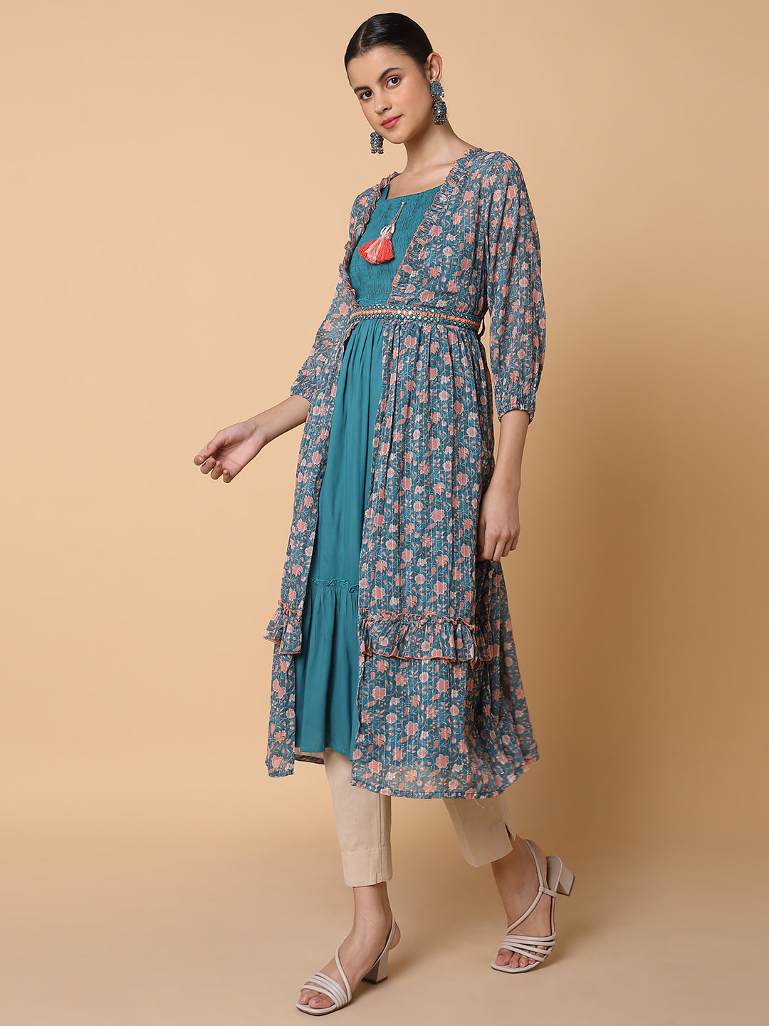 Women Straight Turquoise Blue Solid Kurta with Shrug