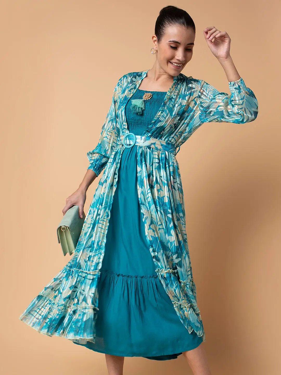 Women's Solid Turquoise Blue Midi Fit and Flare Dress with Shrug and Belt Women's Solid Turquoise Blue Midi Fit and Flare Dress with Shrug and Belt