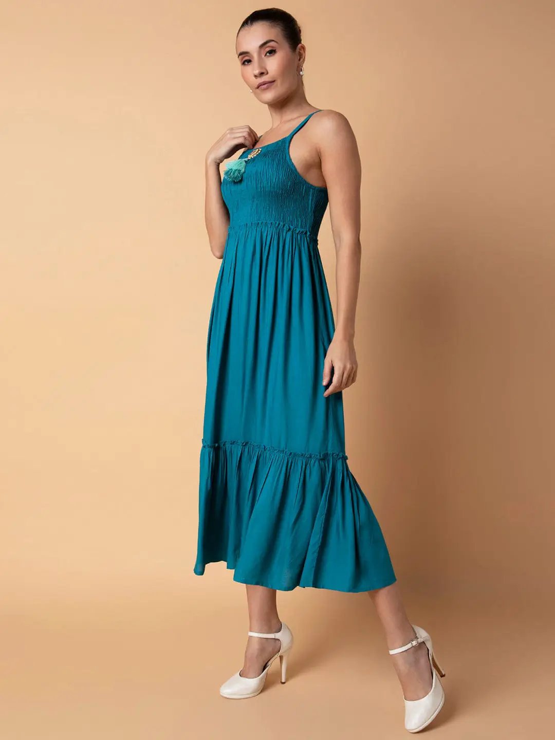 turquoise fit and flare dress Jovani 08340 Turquoise High Slit Low Back Dress