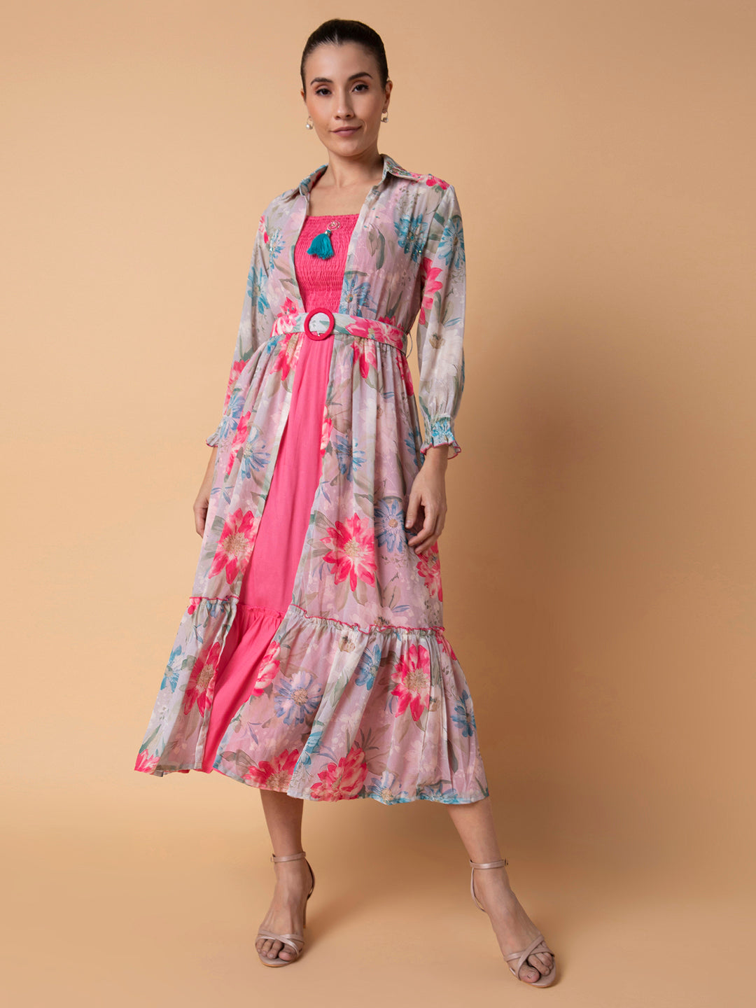 Women Solid Pink Midi Fit and Flare Dress with Shrug and Belt