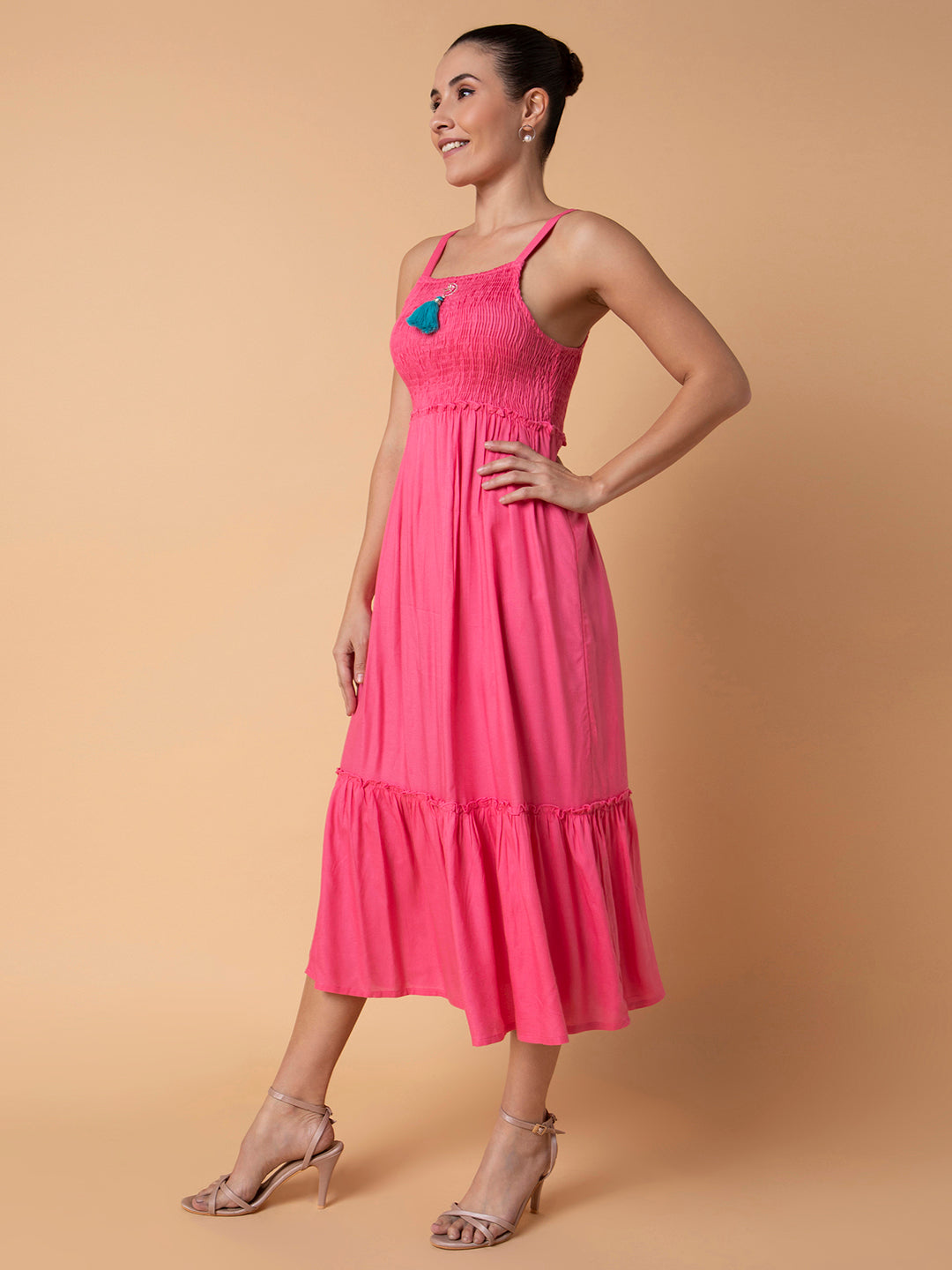 Women Solid Pink Midi Fit and Flare Dress with Shrug and Belt