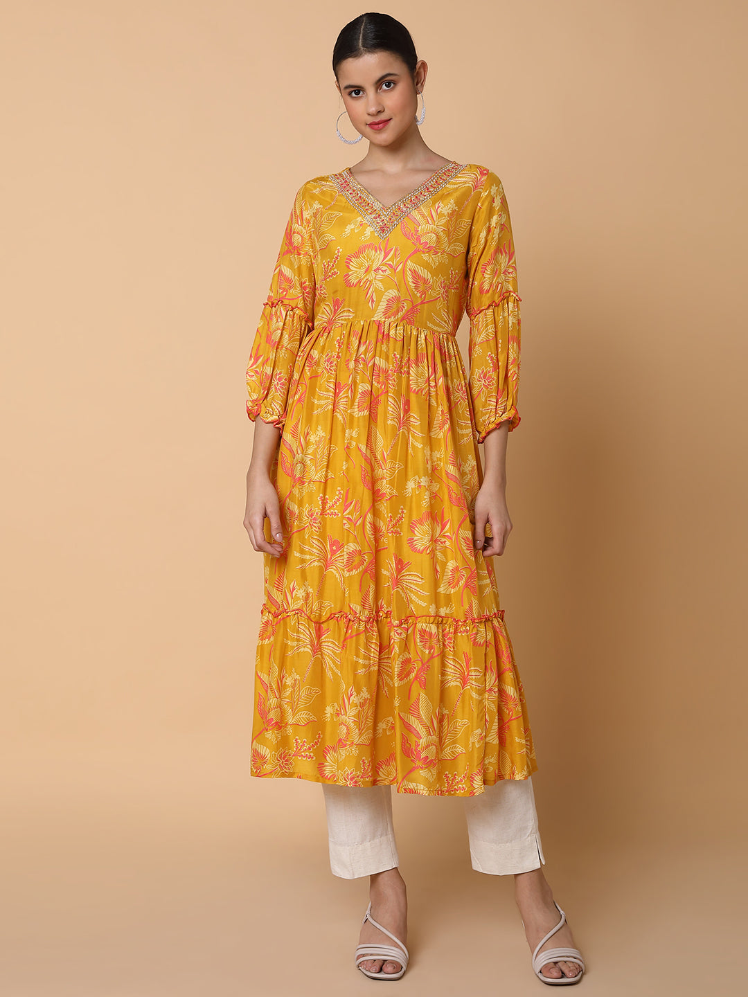 Women Floral Mustard Anarkali Kurta