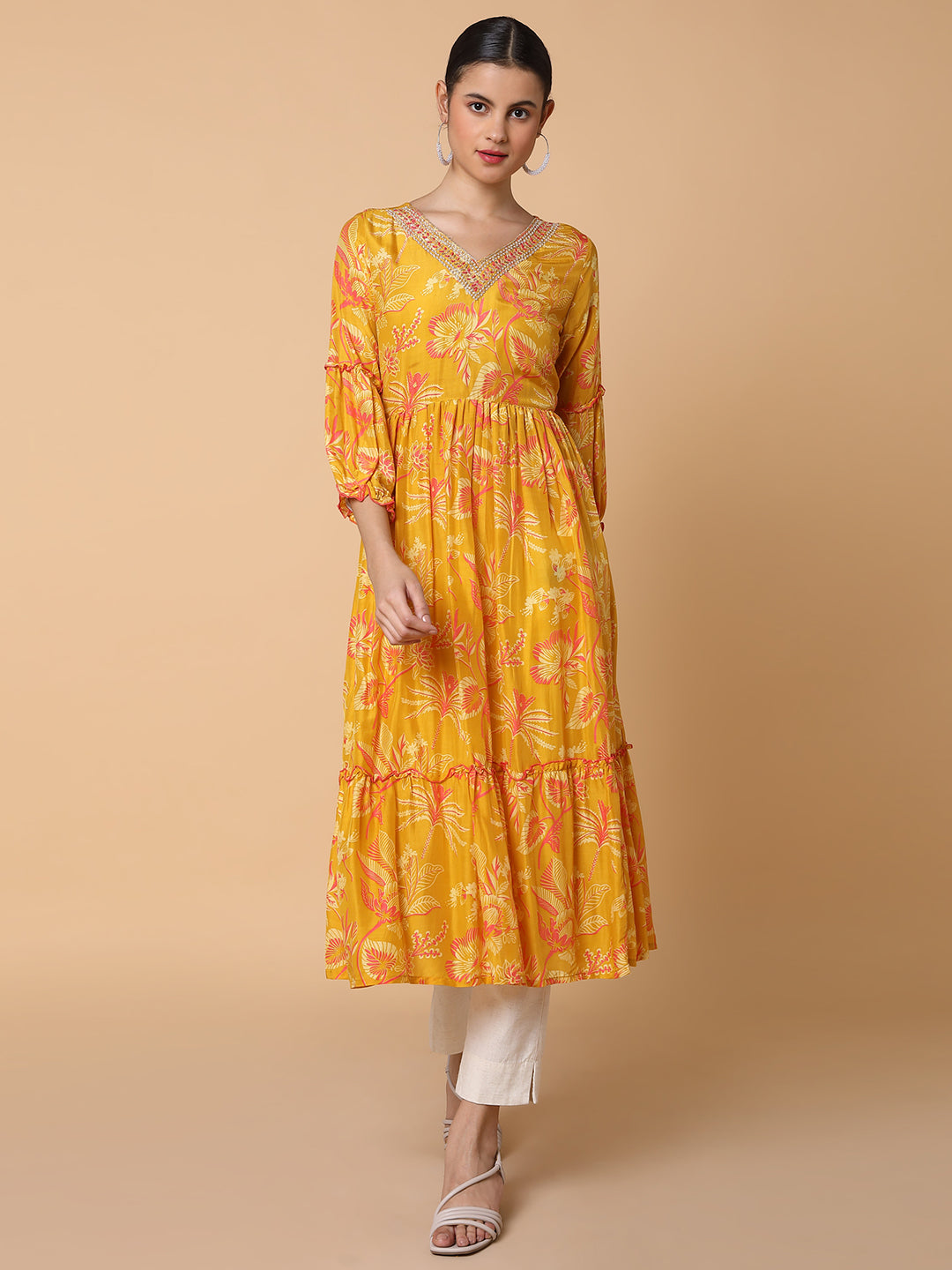 Women Floral Mustard Anarkali Kurta