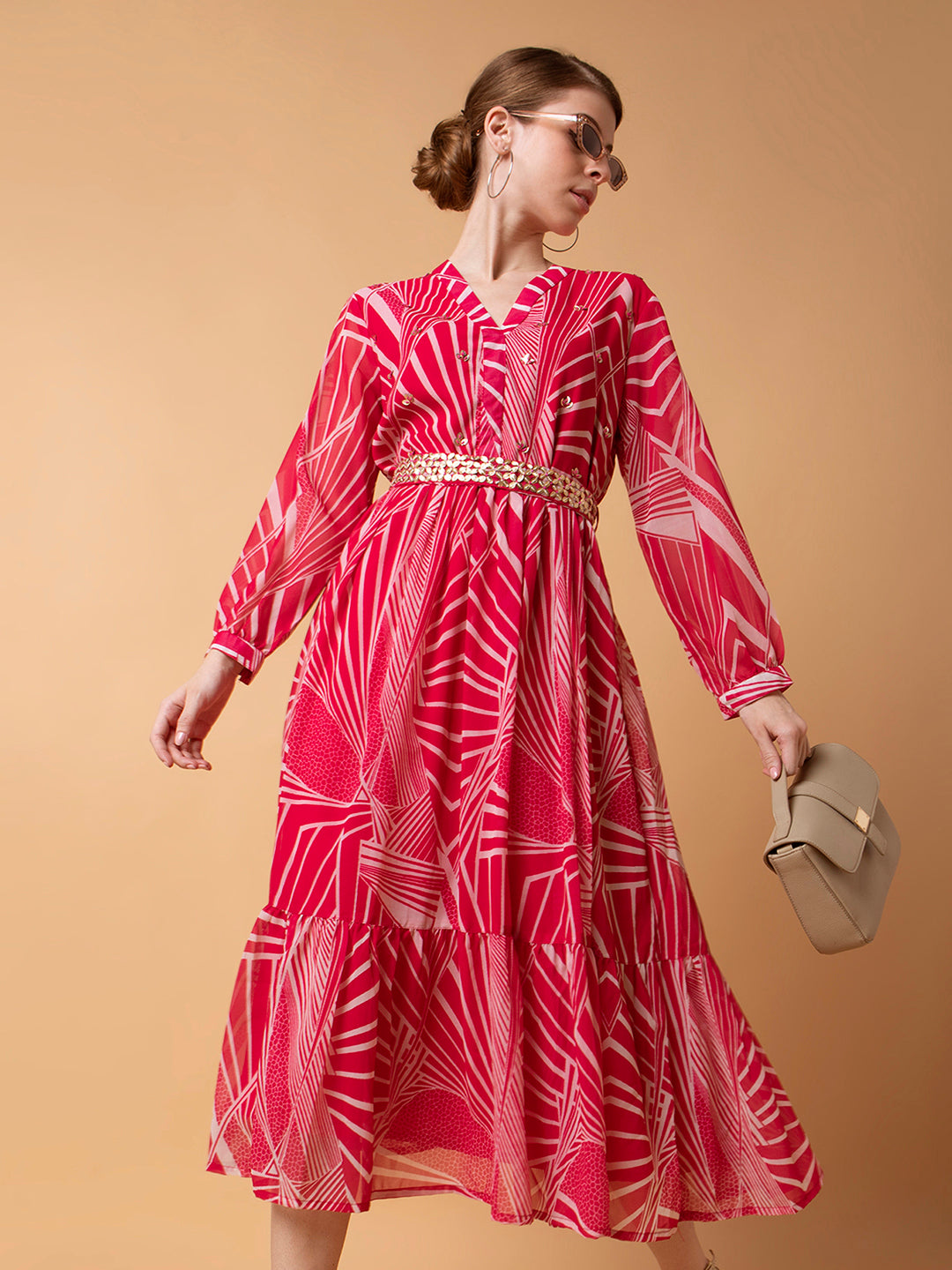 Women Abstract Pink Midi Empire Dress with Belt