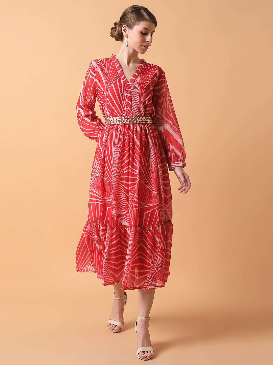 Women Abstract Pink Midi Empire Dress with Belt