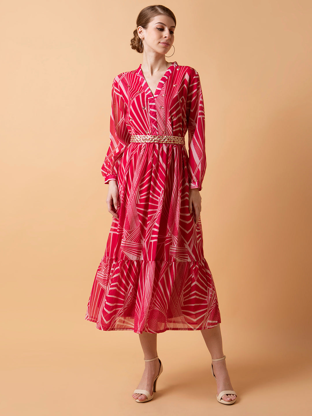 Women Abstract Pink Midi Empire Dress with Belt