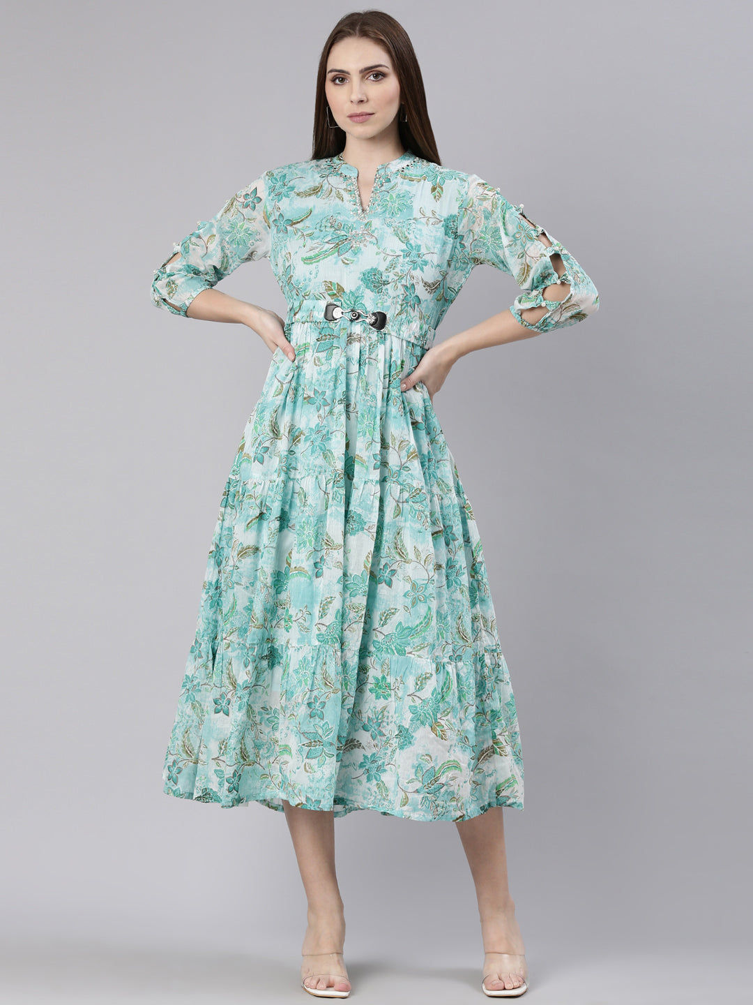 Women's Turquoise Blue Floral Printed Mandarin Collar Belted Fit & Flare Dress